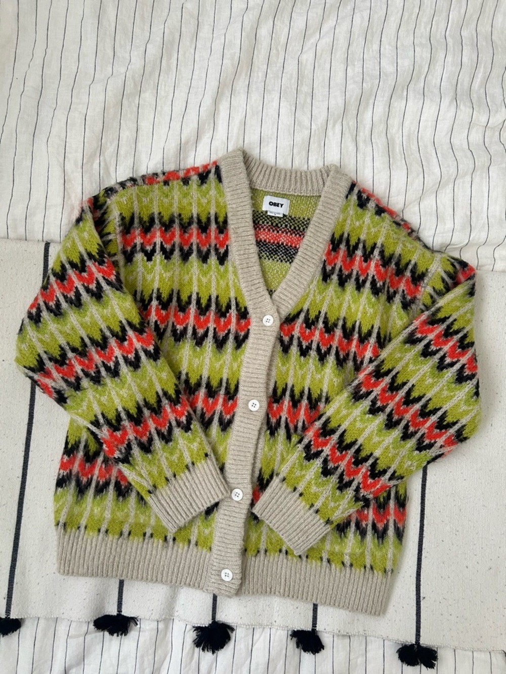 Obey Lime Green, Orange & Black Zigzag Button Cardigan